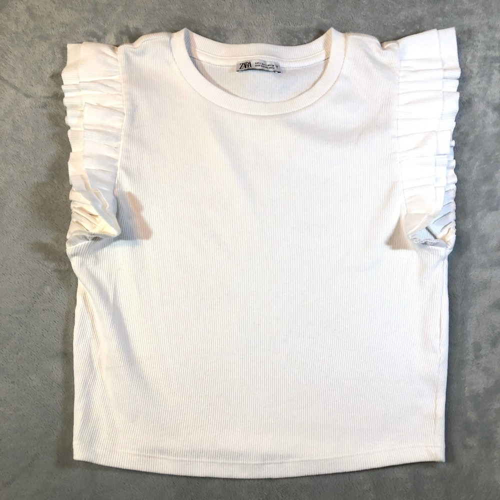 Zara White Ribbed Ruffle Flutter Knit Top Womens Size Large Crew Neck‎ Cropped